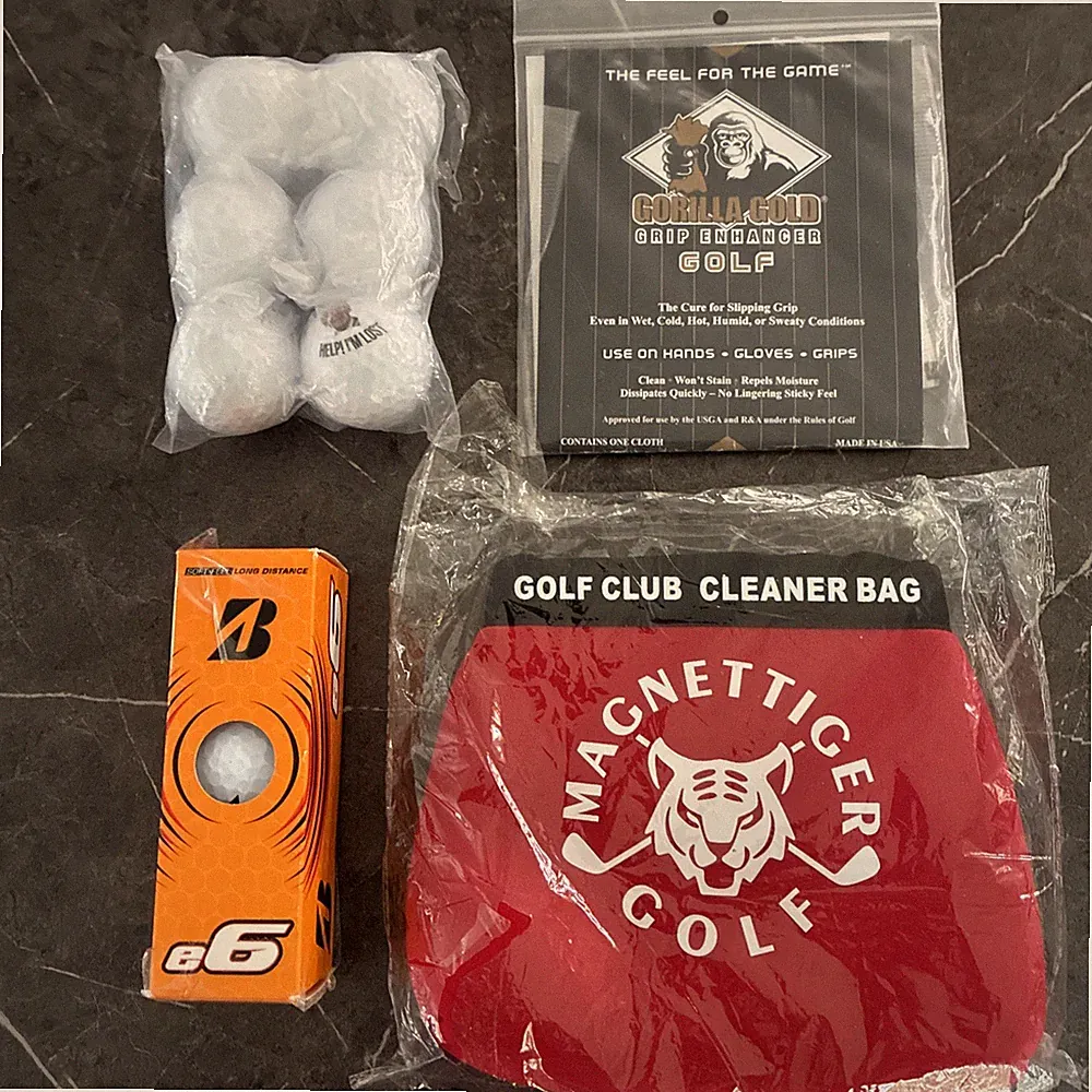 Golf Club Cleaner Bag, Gorilla Gold Grip Enhancer, Bridgestone e6 3 Pack, 6 Ball
