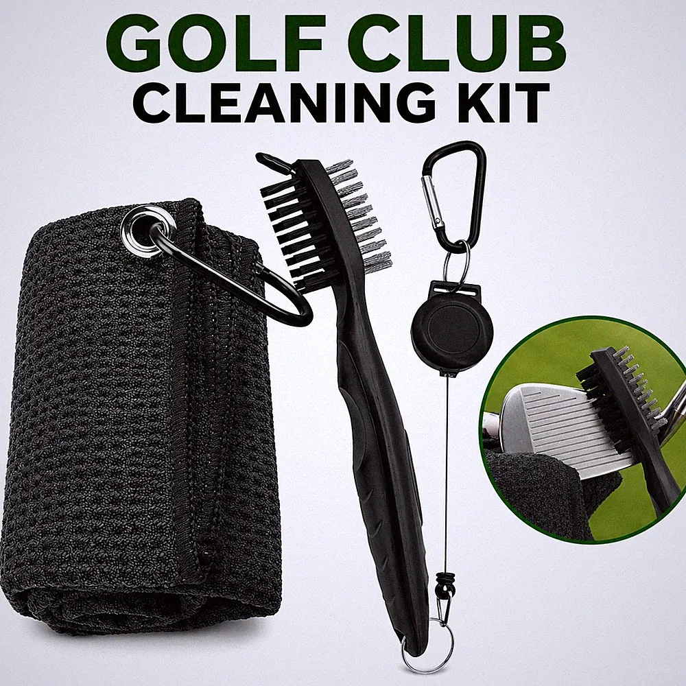 Golf Club Cleaning Brush Towel Kit Groove Cleaner Retractable Clip Black Set 1PC