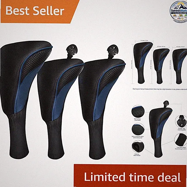 Golf Club Covers Set 3 Pcs for Driver Fairway Woods Long Neck Headcovers