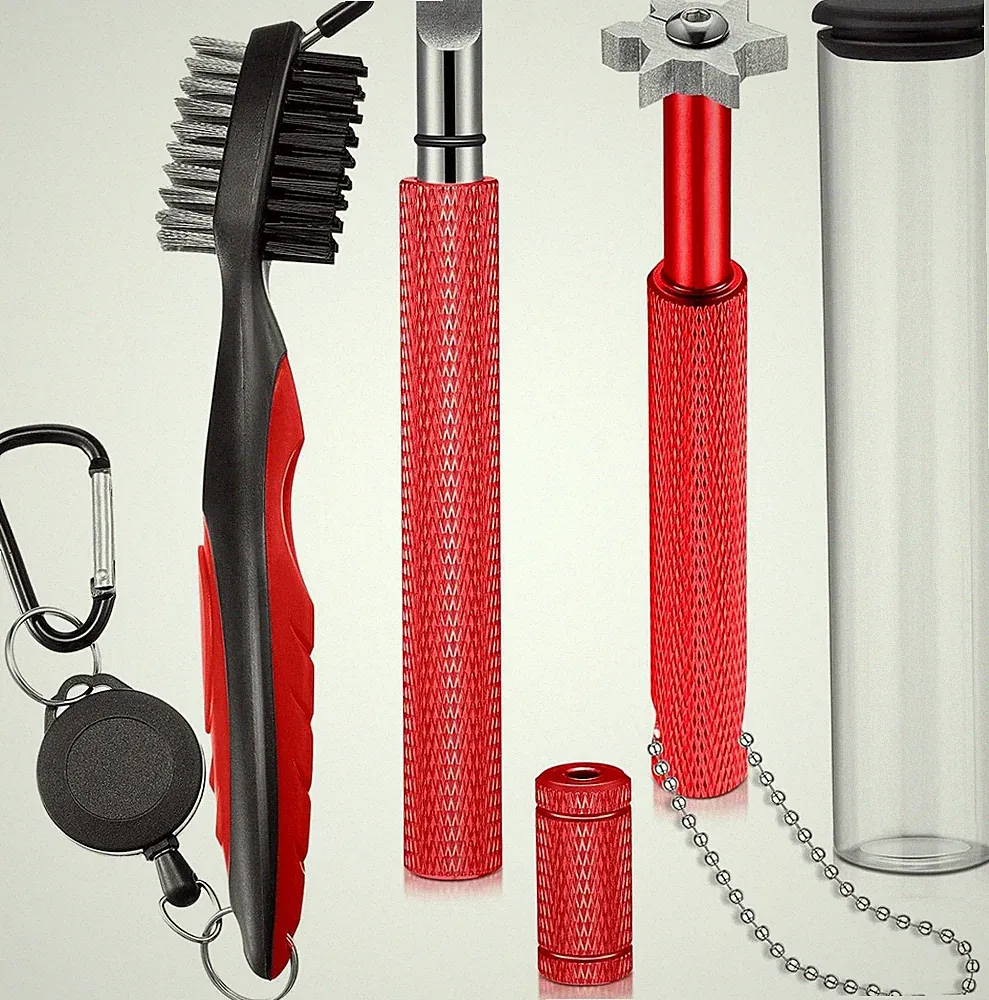 Golf Club Groove Cleaner Set Red 3pcs Retractable Brush U V Groove Sharpener