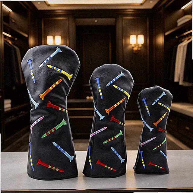 Golf Club Head Cover Faux Leather Embroidered Missile Pattern Protective Sleeve