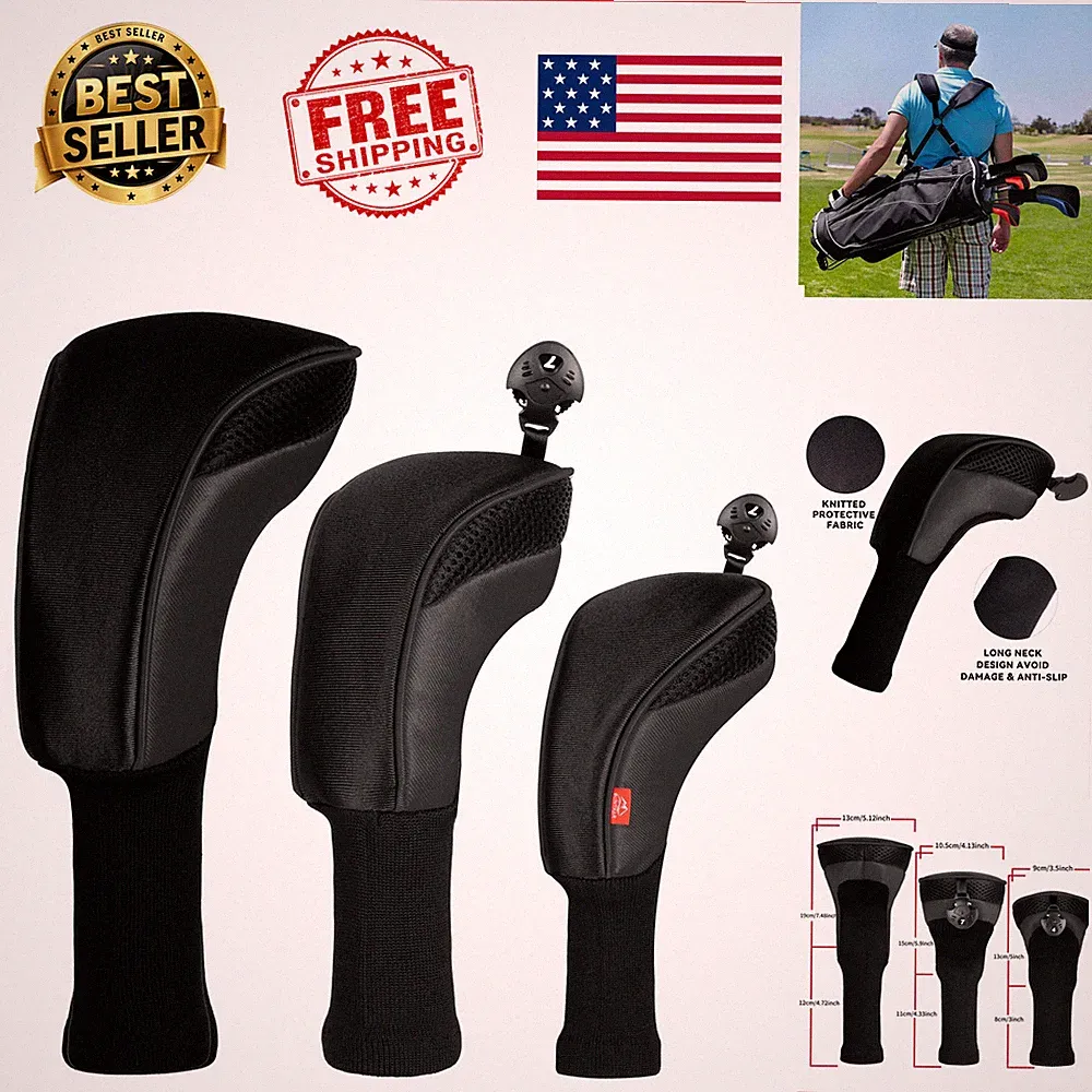 Golf Club Head Covers Driver Fairway Wood Hybrid 3 Pack Swap Tags Black for Men