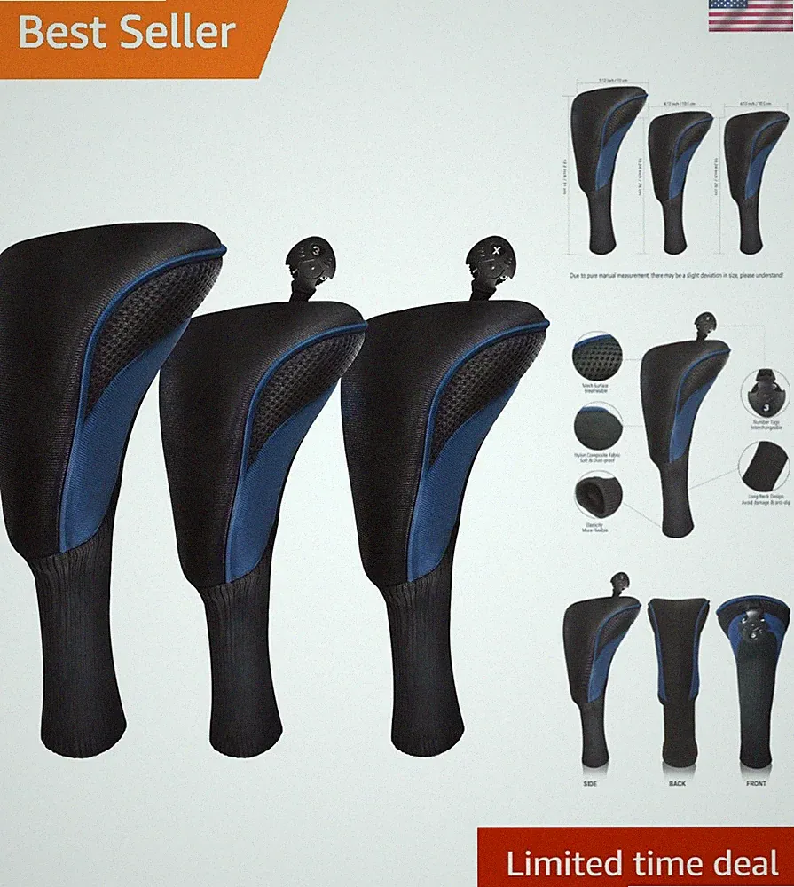 Golf Club Head Covers for Fairway Woods Driver Hybrids 3 Pieces Long Neck Mes...