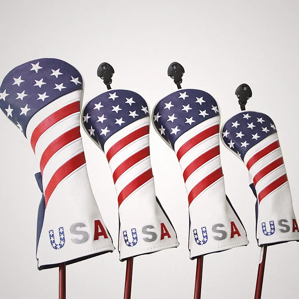 Golf Club Head Covers for Fairway Woods & Drivers - USA Stars & Stripes, Leather