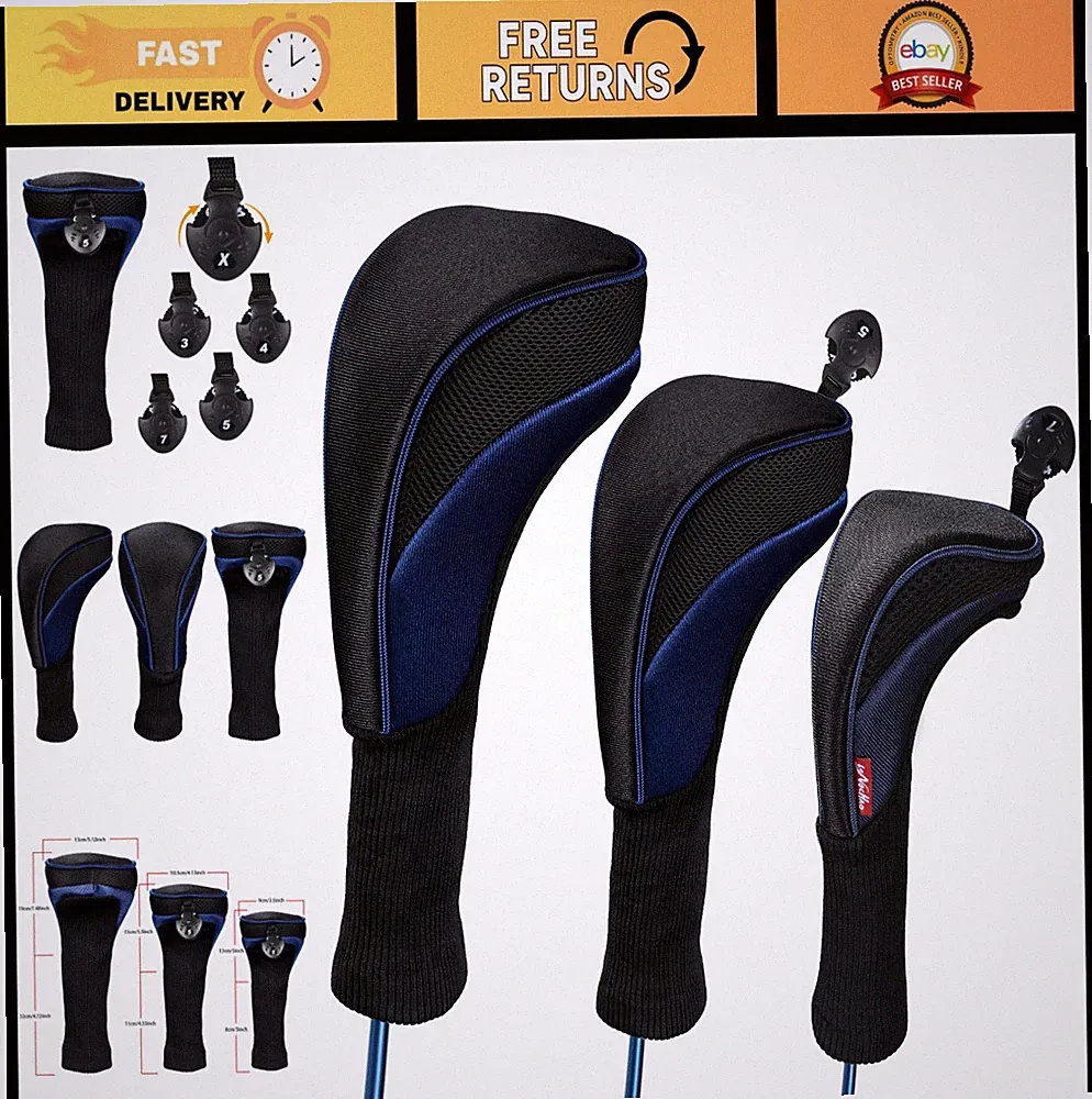 Golf Club Head Covers Set - 3 Pcs Driver & Fairway Woods, Hybrid Headcovers with