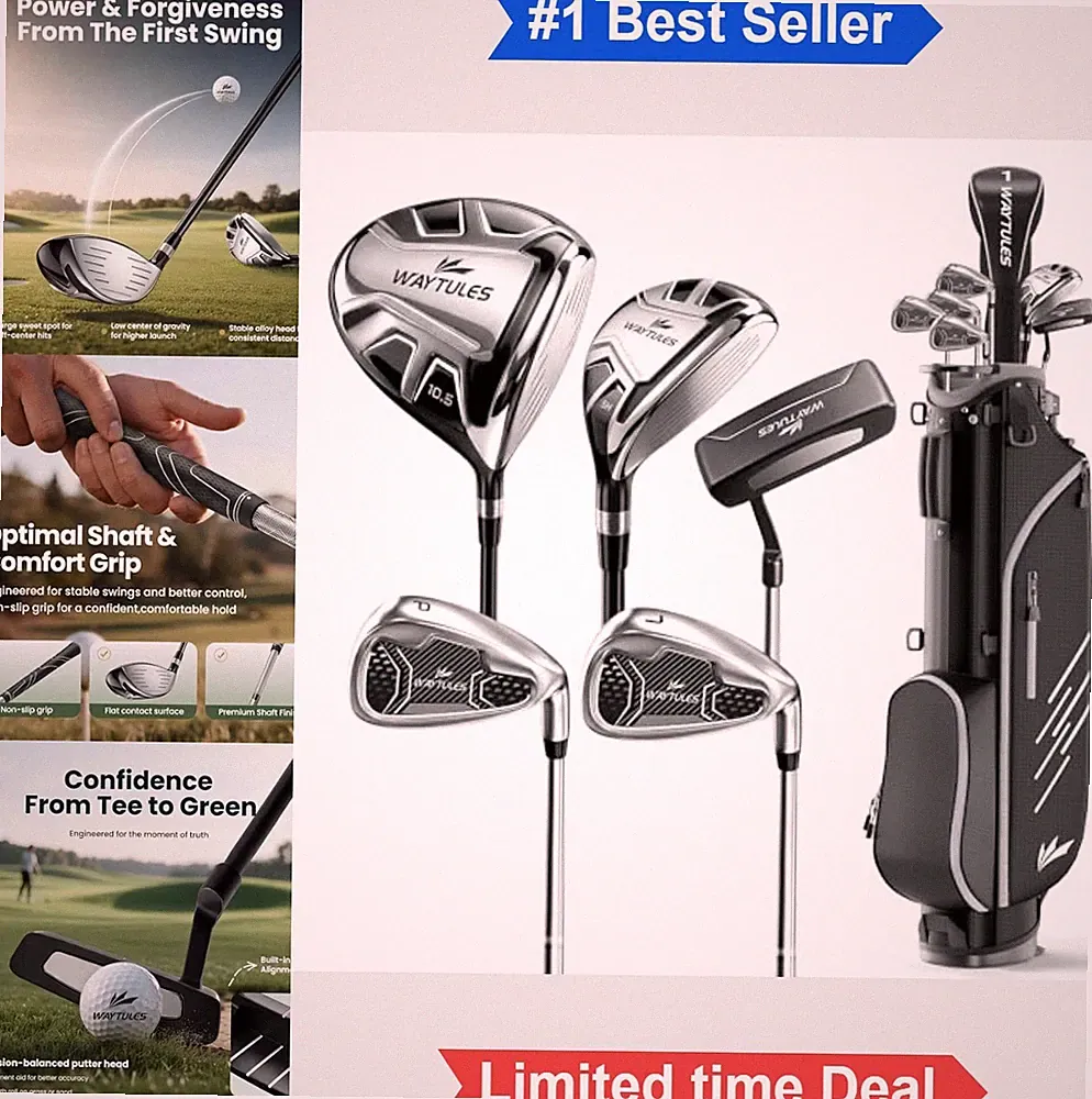 Golf Club Set for Men Right Handed Driver Hybrid Irons Putter Stand Bag Beginner