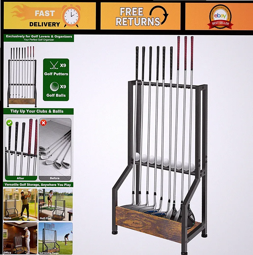 Golf Club Stand Rack for 9 Clubs & Balls, Putter Holder Display Storage for Gara