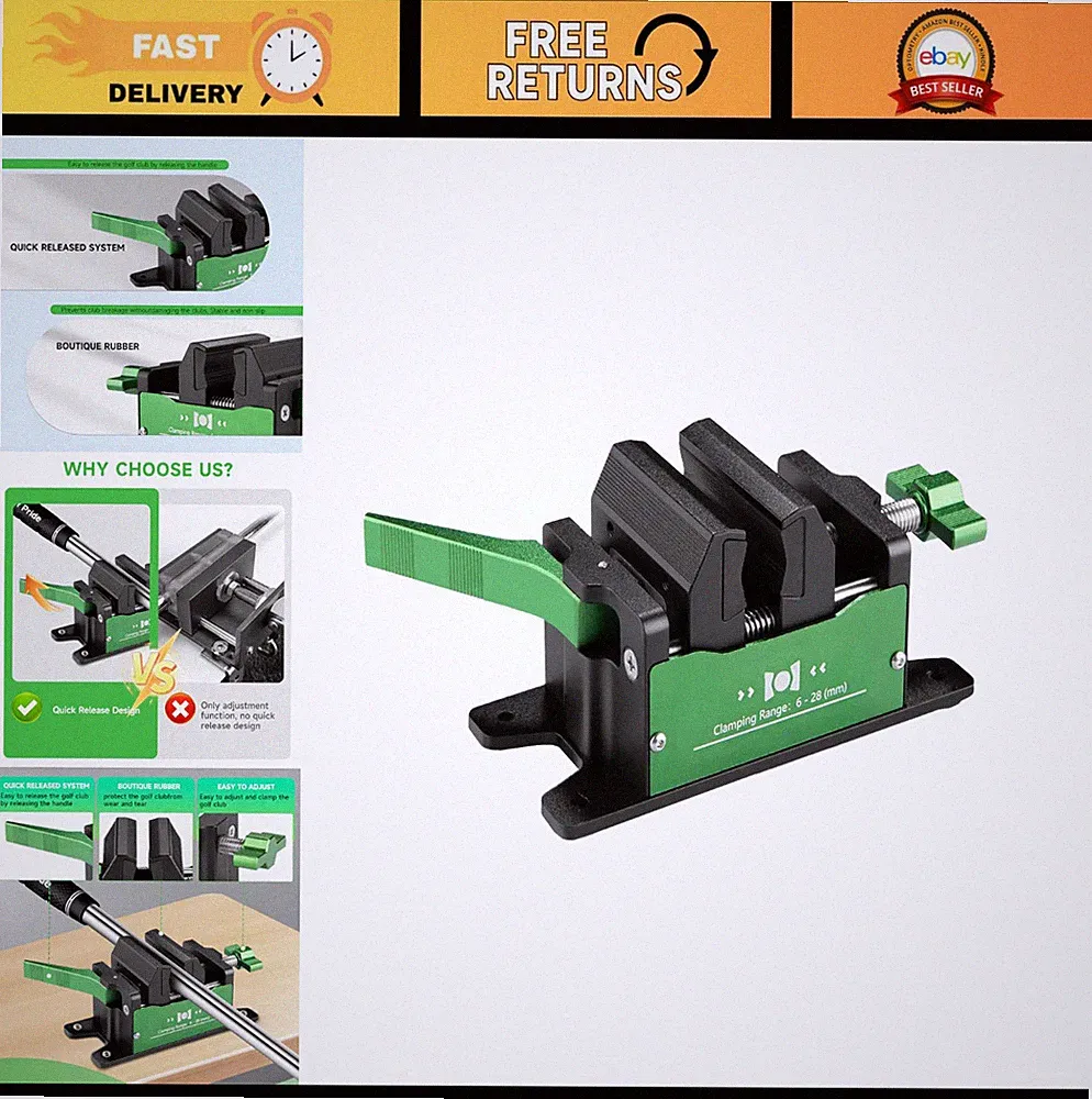 Golf Club Vise Clamp Grip Kit - Regripping Tool, Push Cart Solvent Vice, Quick R