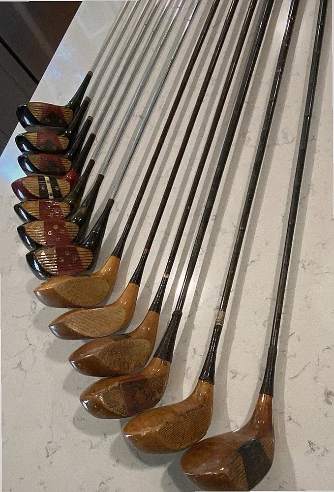 Golf Clubs (13) w/ Stove Pipe Bag, MacGregor, Palmer. 1920s-1960s old/vintage