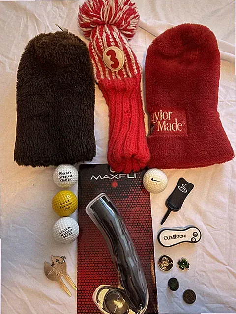 Golf Gift Lot – Headcovers, Balls, Divot Tools, Maxfli Brush & Accessories