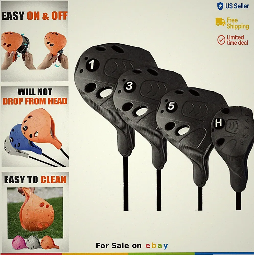 Golf Head Covers Set 4pcs Drivers Fairway Woods Hybrid TPU Easy On Off Washable