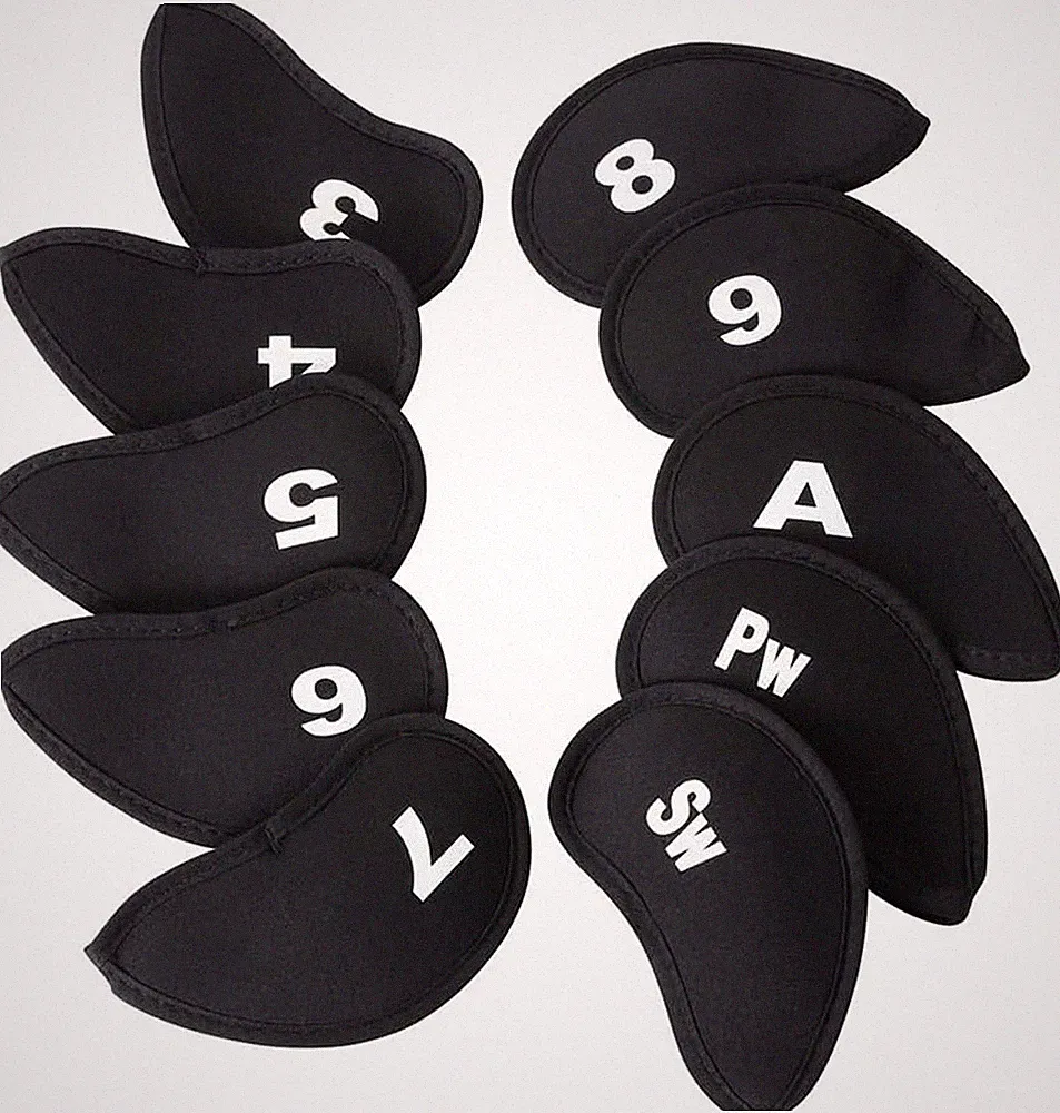 Golf Iron Head Covers 10 Pack Neoprene Black for Clubs with Clear Numbers Styles