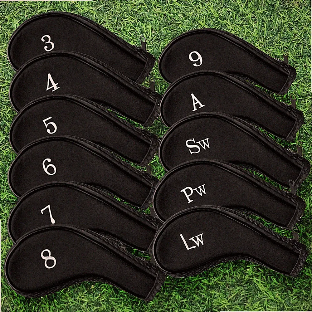 Golf Iron Head Covers Zippered 11pc Set 3-LW For LEFT & RIGHT Handed Clubs BLACK