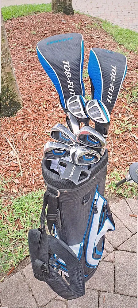 Golf men's set TOP FLITE 11 clubs right h blue black stand bag 4 div shoulder st