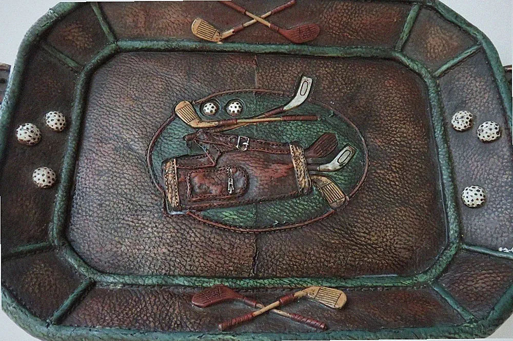 Golf Motif Tray w Handles, Balls Clubs Bag Rugged Resin Great Father's Day Gift