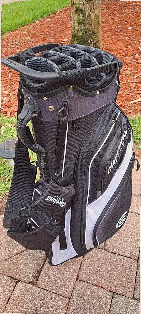 Golf Stand Bag Cleveland 14 Div Black White Shoulder Strap Rain Cover Little Coo