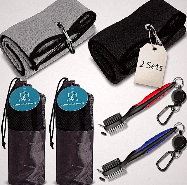 Golf Towel and Brush Kit 2-Pack – Microfiber Towels with Carabiner Clip + Club G