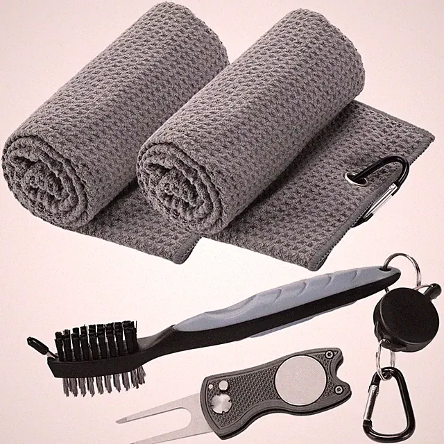 Golf Towel & Brush Set - 16"x24" Microfiber, Carabiner Clip, Cleaning Kit, 2 Tow