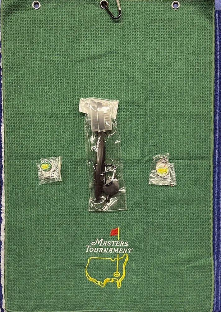Golf Towel Masters Set With Clip, 2 ball Markers Club Brush W Retract Carabiner