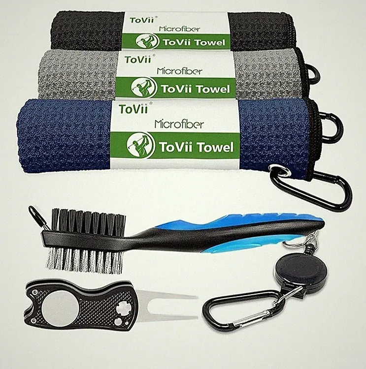 Golf Towel Microfiber Waffle Pattern Brush Tool Kit, Club Groove Cleaner Set