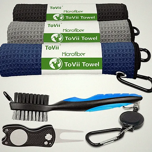 Golf Towel Microfiber Waffle Pattern Brush Tool Kit, Club Groove Cleaner Set