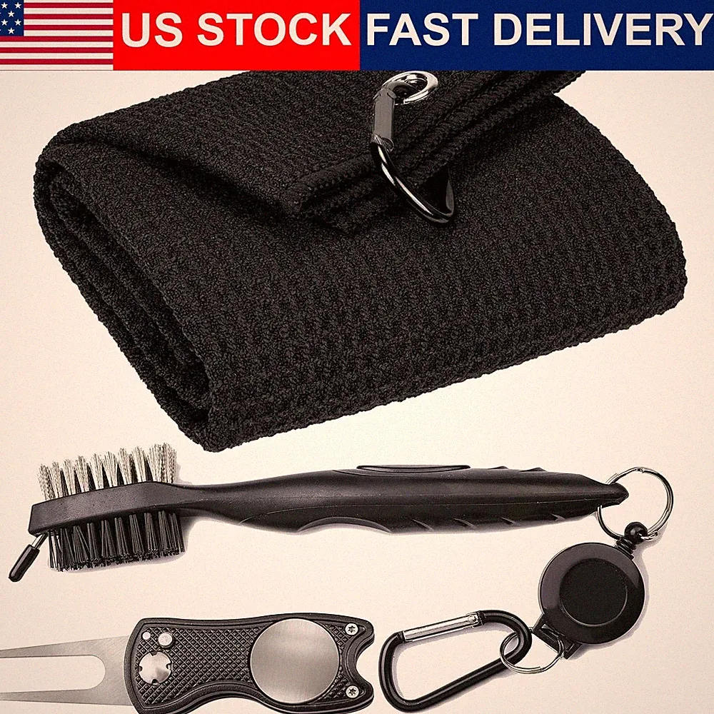 Golf Towel Set Microfiber Waffle 16x24 Tri Fold Club Brush Divot Tool Black