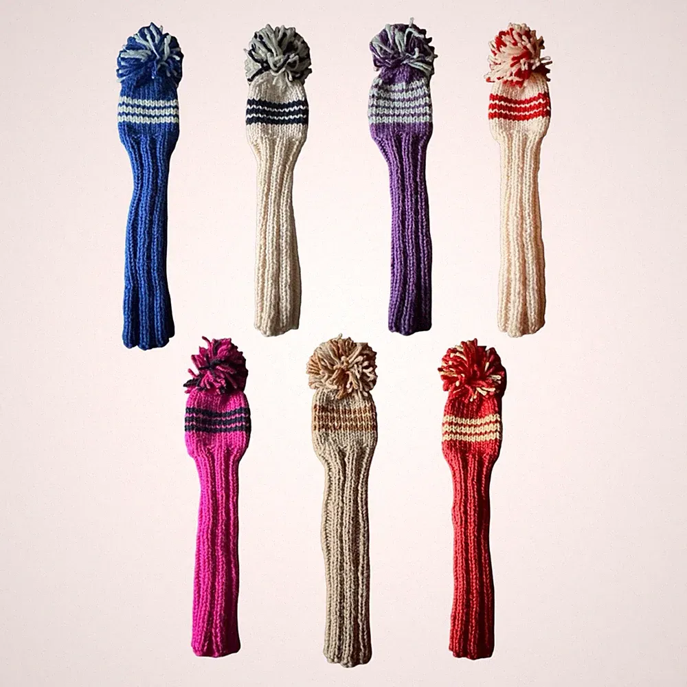 Hand Knit Wool Pom Pom Golf Club Head Cover 16” (seven options)