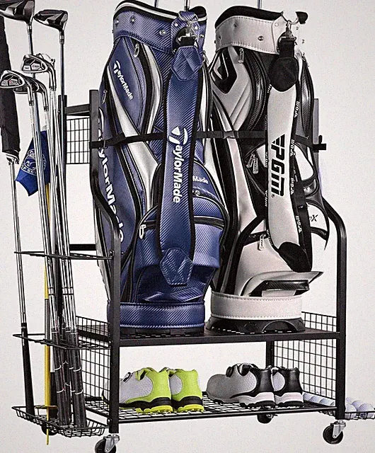 Heavy-Duty Golf Bag Storage Stand with Lockable Casters - Ideal for Golf Clubs