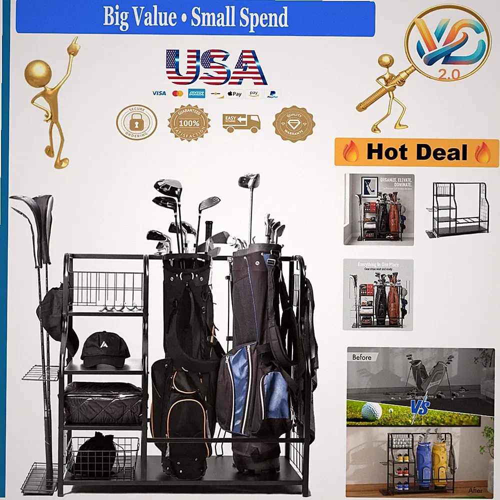 Heavy-Duty Steel Golf Club Storage Rack for 2 Bags Black