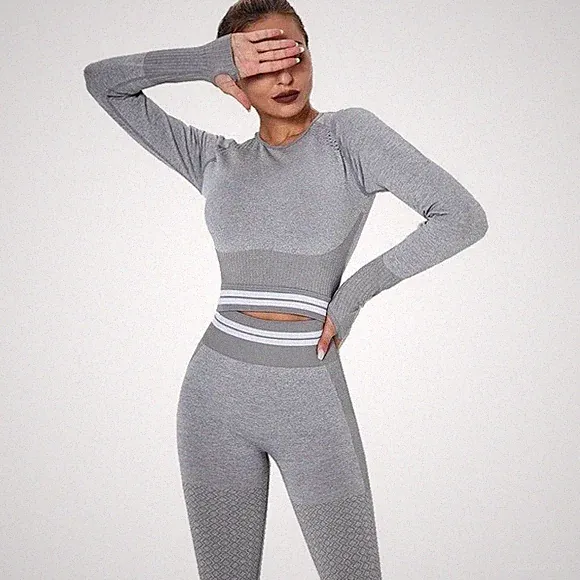 IMPERIA SEAMLESS ACTIVE Yoga Set Grey Striped High Waist Cute Keyhole SIZE SMALL