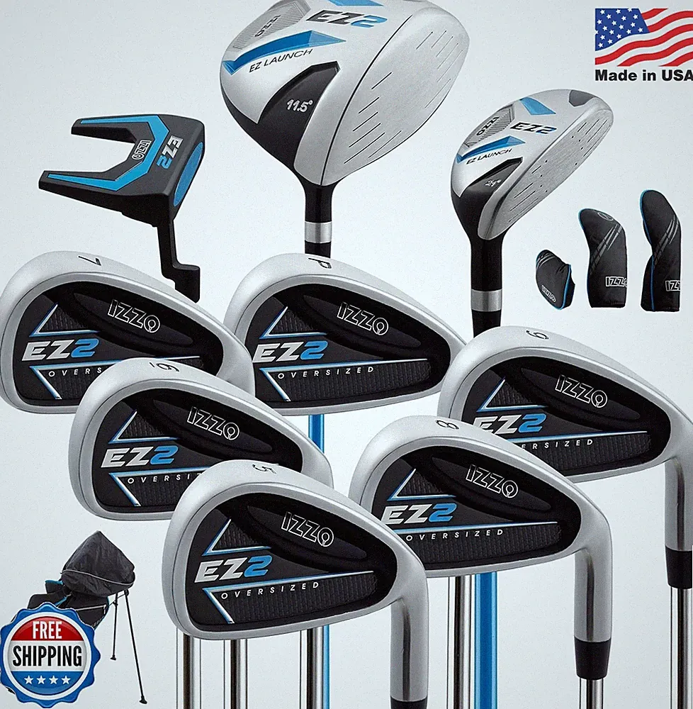 Izzo EZ2 14 Piece Mens Right Hand Golf Club Set Black Blue Regular Flex