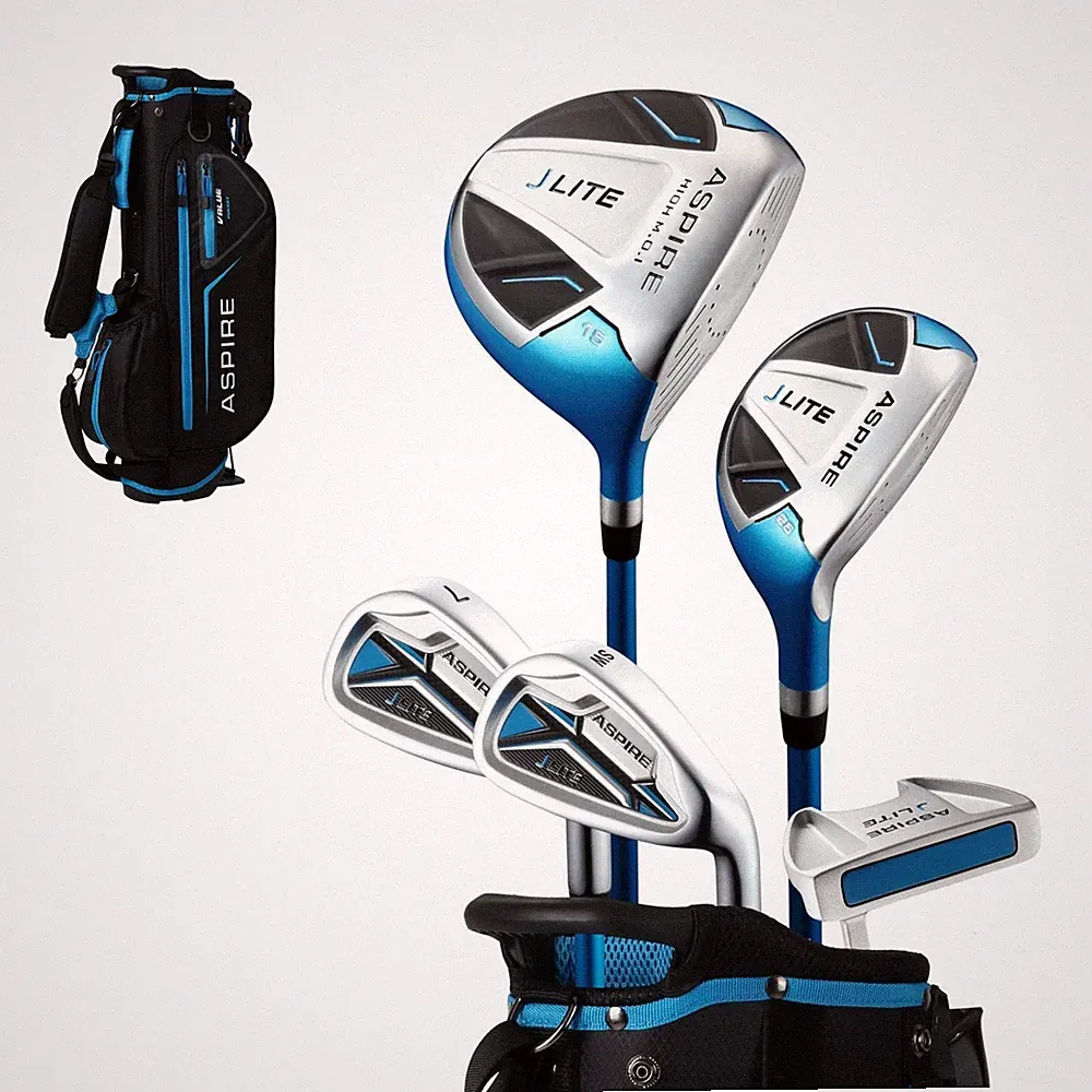 Junior Golf Club Set Right Handed Driver Hybrid 7 Iron Putter Blue 6-8 Aspire