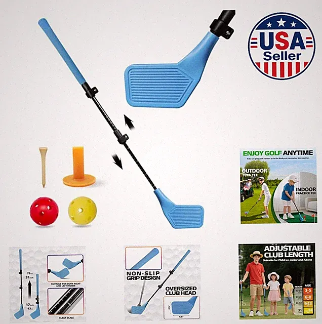 Kids Golf Club Set Adjustable 21-31 Inch Oversized Head Plastic Blue Indoor