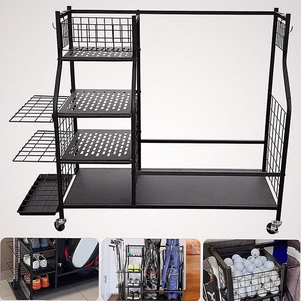 Large Golf Storage Garage Organizer 2 Golf Bag Stand Holder Club Rack Ball Cart