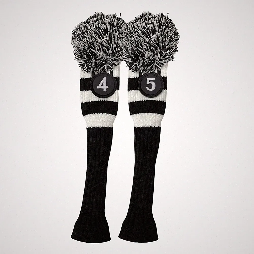 LIMITED EDITION Majek Black White Pom Pom Knit GOLF Club 4 5 HYBRID Head Covers