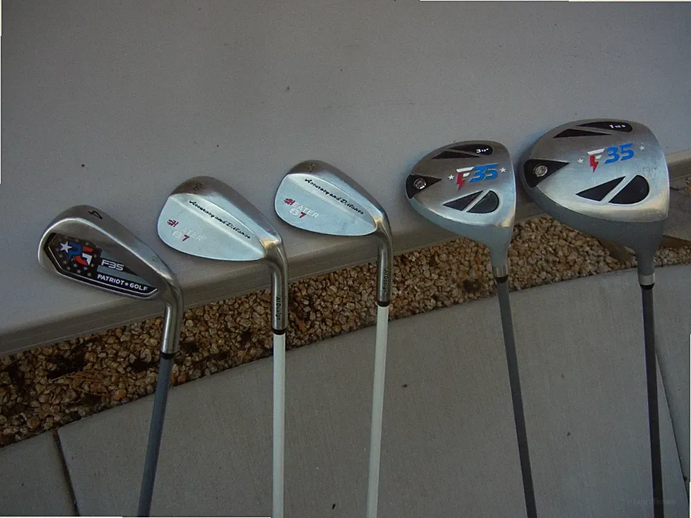 Lot of 5 Golf Clubs: PATRIOT F35 (4 iron, driver, 3 wood), INTEGRA Wedges 50, 58
