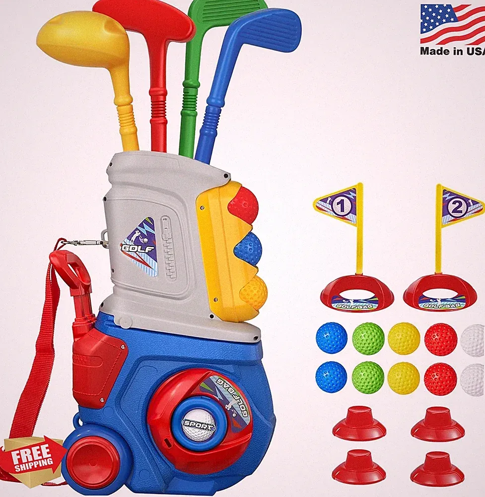 LPFG Toddler Golf Set Ages 1-5 Kids Golf Cart 4 Clubs 10 Balls Portable