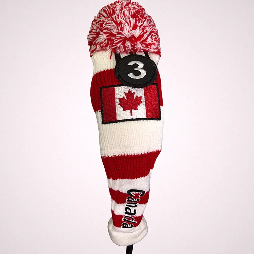 Majek Canada INDIVIDUAL Utility Hybrid Red White Knit Pom Golf Club Head Covers