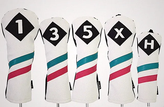 Majek Golf 1 3 5 X H Driver Woods Hybrid Headcover White w/ Teal Pink Stripe