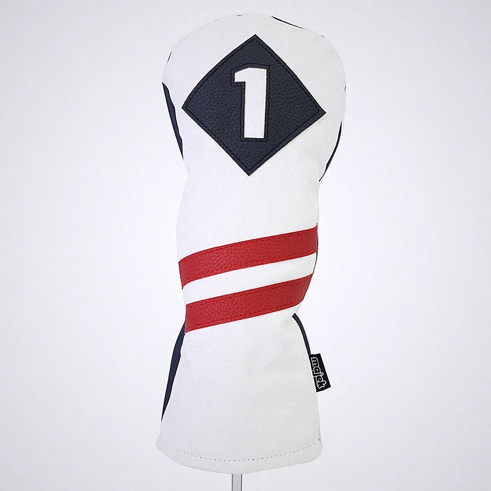Majek Golf #1 Driver Headcover White Blue w/ Red Stripe Vintage Leather Style