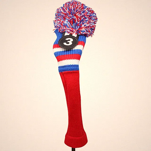 Majek Golf Red White Blue #3 Hybrid Pom Pom Knit Rescue Utility Club Head Cover