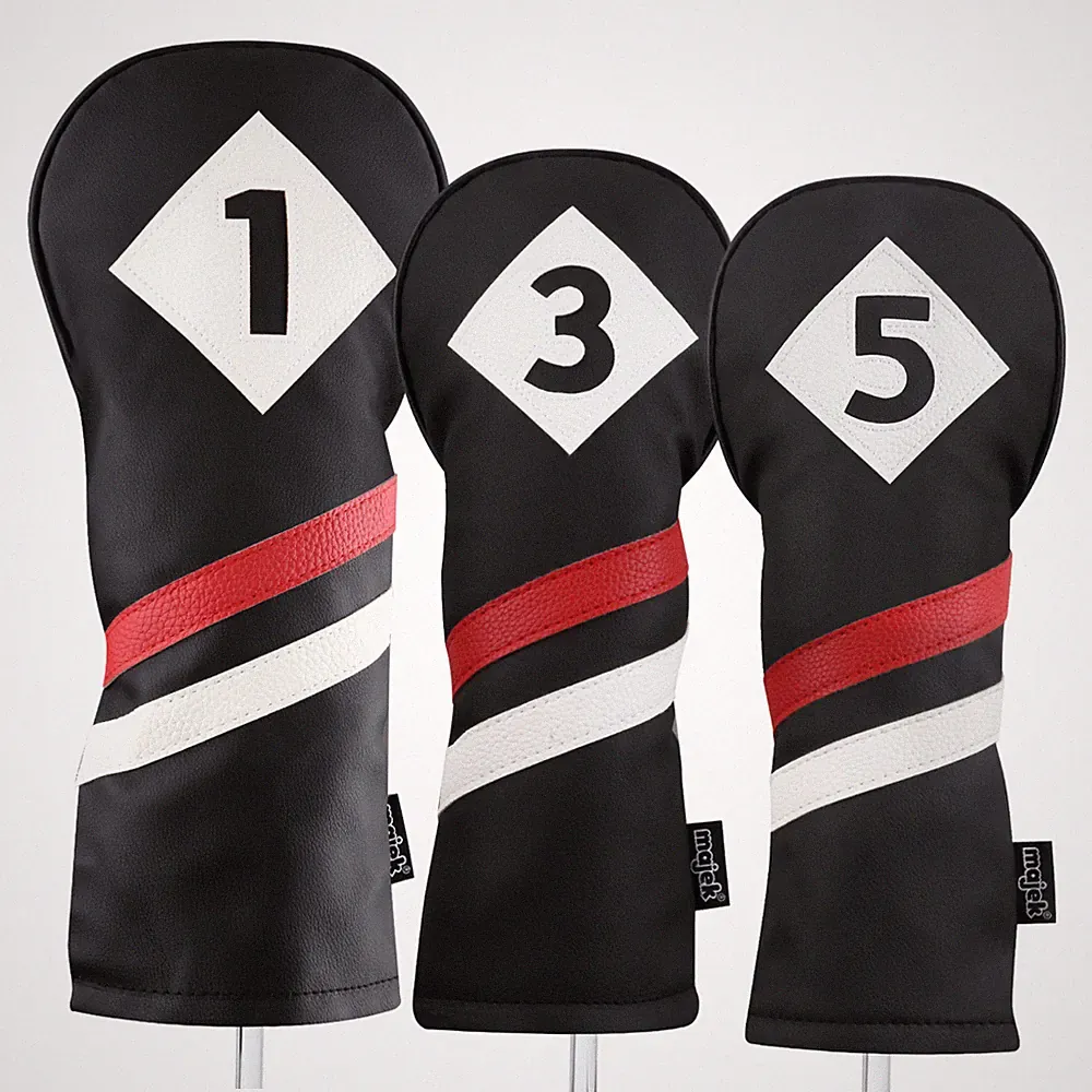 Majek Retro Golf 1 3 5 Driver & Woods Headcover Black Red White Leather Style