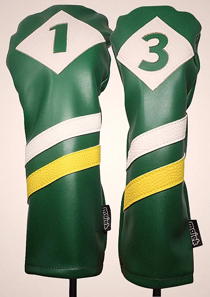 Majek Retro Golf 1 & 3 Driver & Wood Headcover Green White Yellow Leather Style