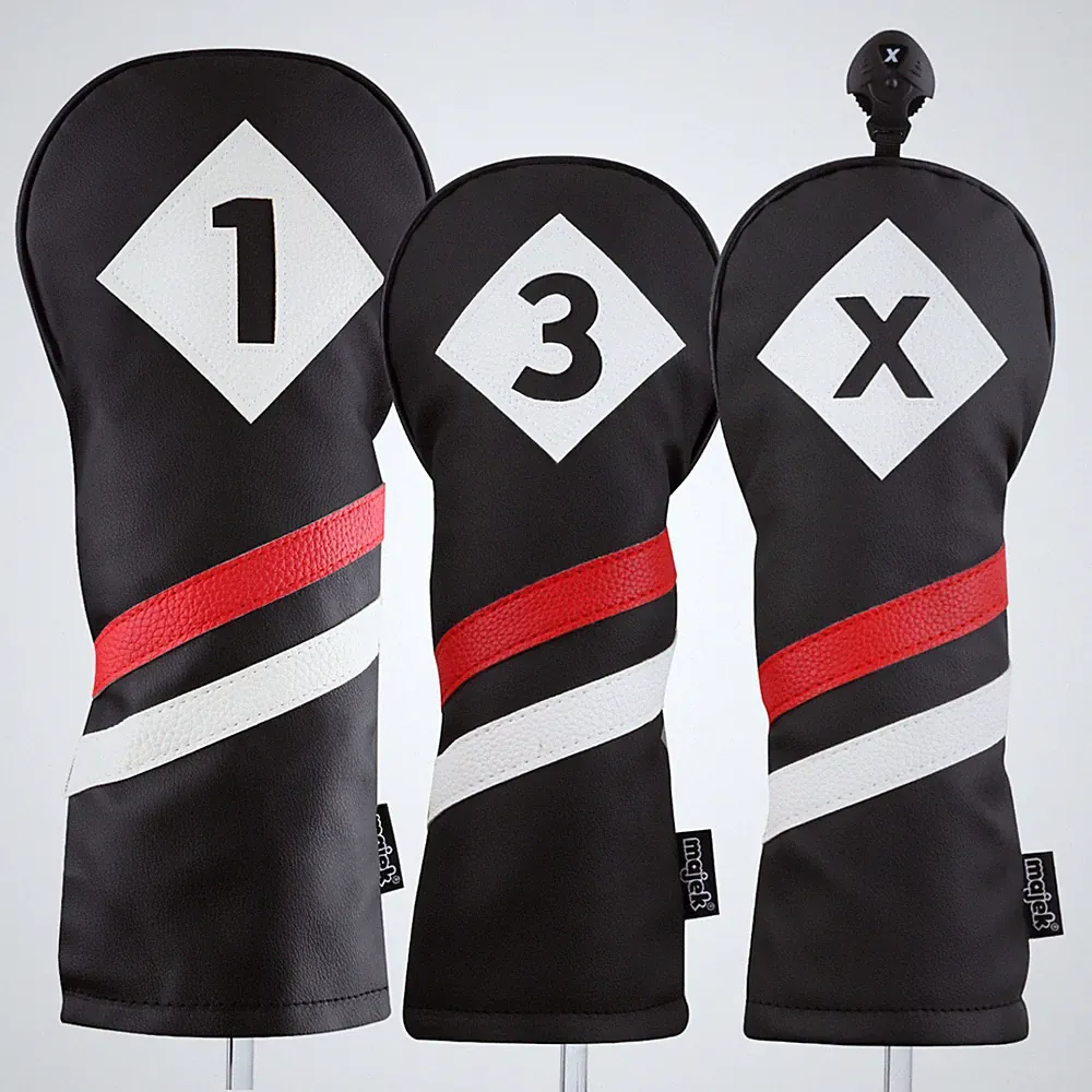 Majek Retro Golf 1 3 X Driver & Woods Headcover Black Red White Leather Style