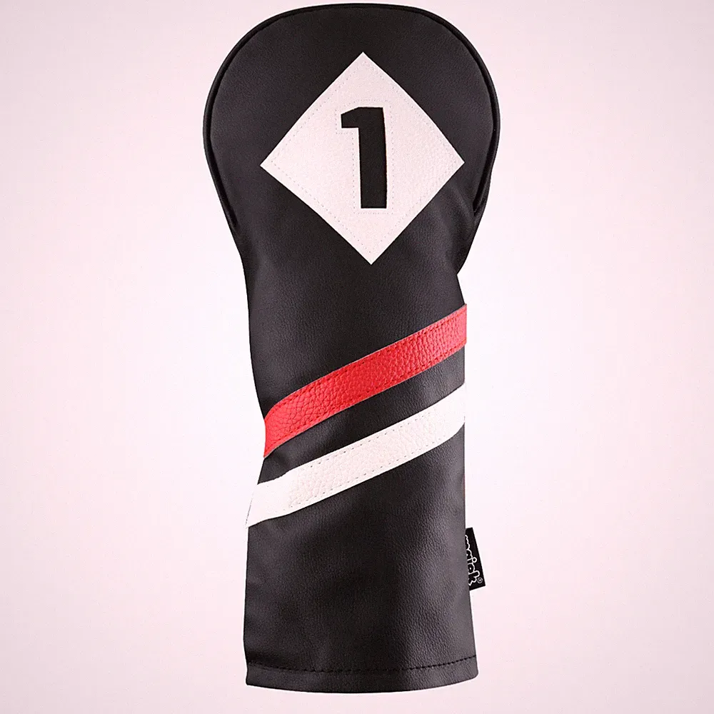 Majek Retro Golf #1 Driver Headcover Black Red White Vintage Leather Style
