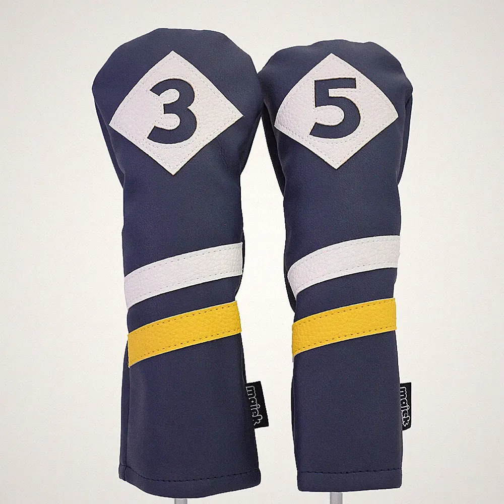 Majek Retro Golf #3 & 5 Fairway Wood Headcover Blue White Yellow Leather Style