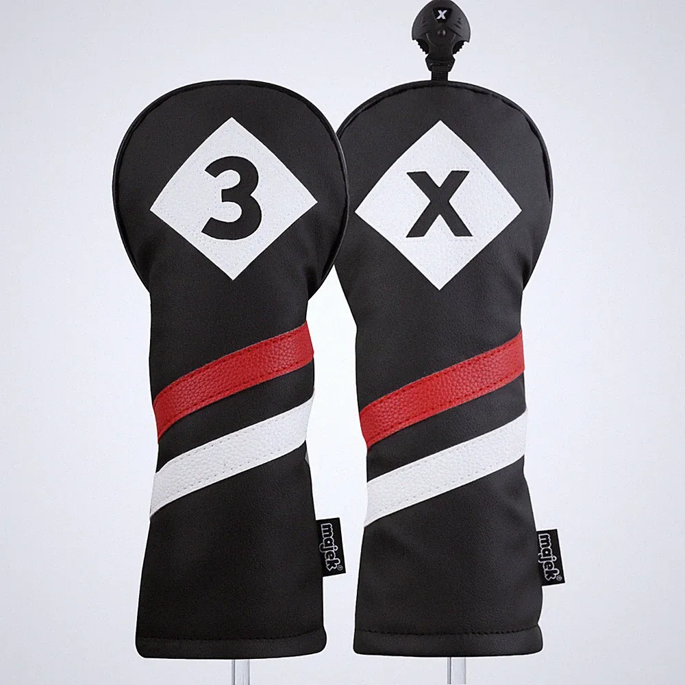 Majek Retro Golf #3 & X Fairway Wood Headcover Black Red White Leather Style