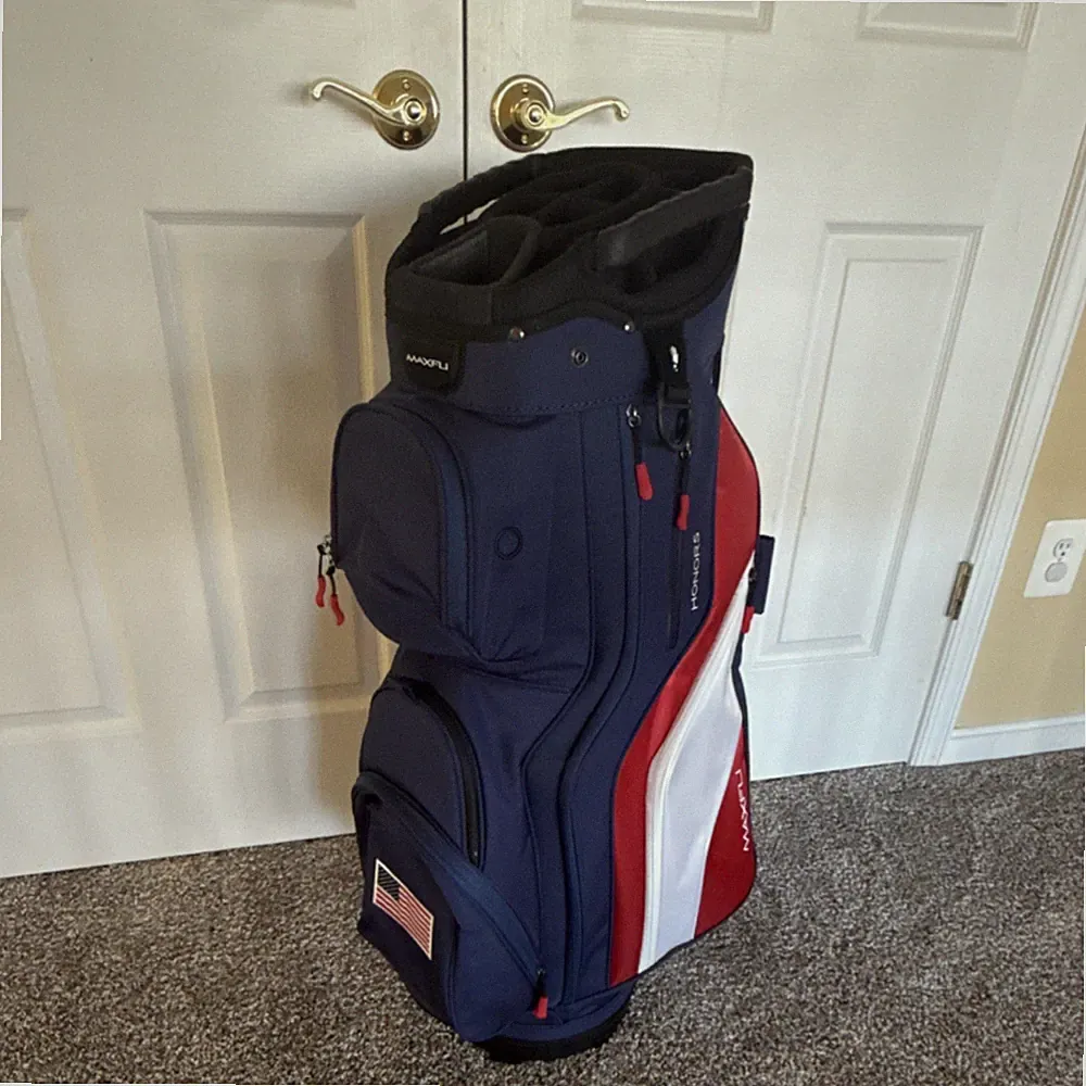 MAXFLI Honors Cart Golf Bag Navy Red White Nylon Divider System Multiple Pockets