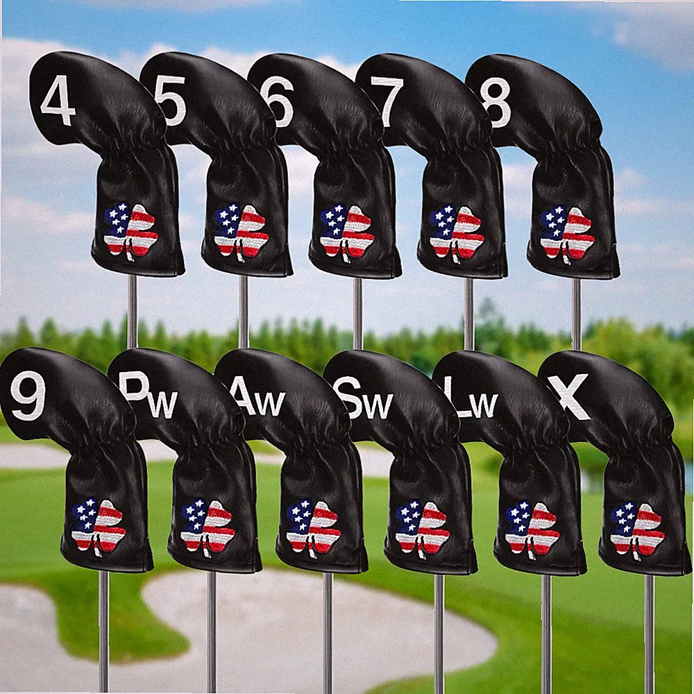 NEW 11pc Set Black Golf Iron Head Covers with USA Red-White-Blue Clover Leaf