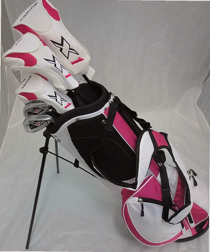 NEW Ladies Golf Club Set Driver Wood Hybrid Irons Putter & Stand Pink Bag Womens